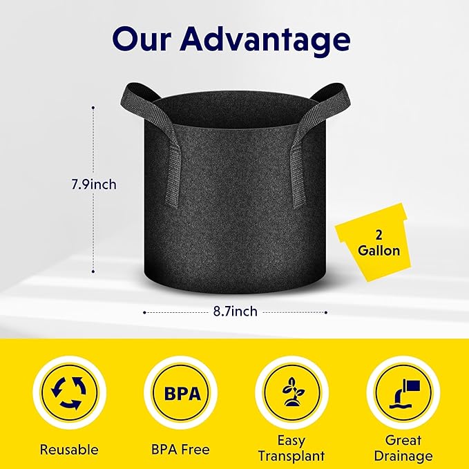 iPower 24-Pack 2 Gallon Grow Bags Heavy Duty Thickened Aeration Nonwoven Fabric Pots with Nylon Handles and 24 Labels, for Planting Vegetables, Fruits, Flowers, Black