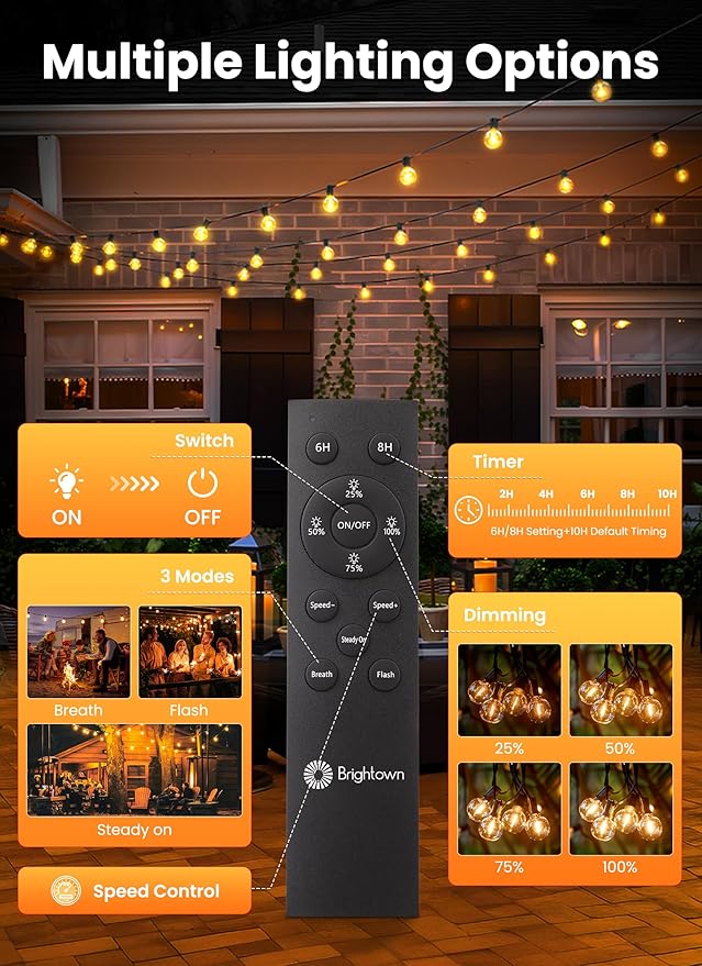Brightown 75FT 36LED Solar String Lights Outdoor with Remote & USB Port, Shatterproof Bulbs, Dimmable & Timable, 3 Modes, Patio Lights Solar Powered with Mount Clips for Camping Backyard Garden Decor