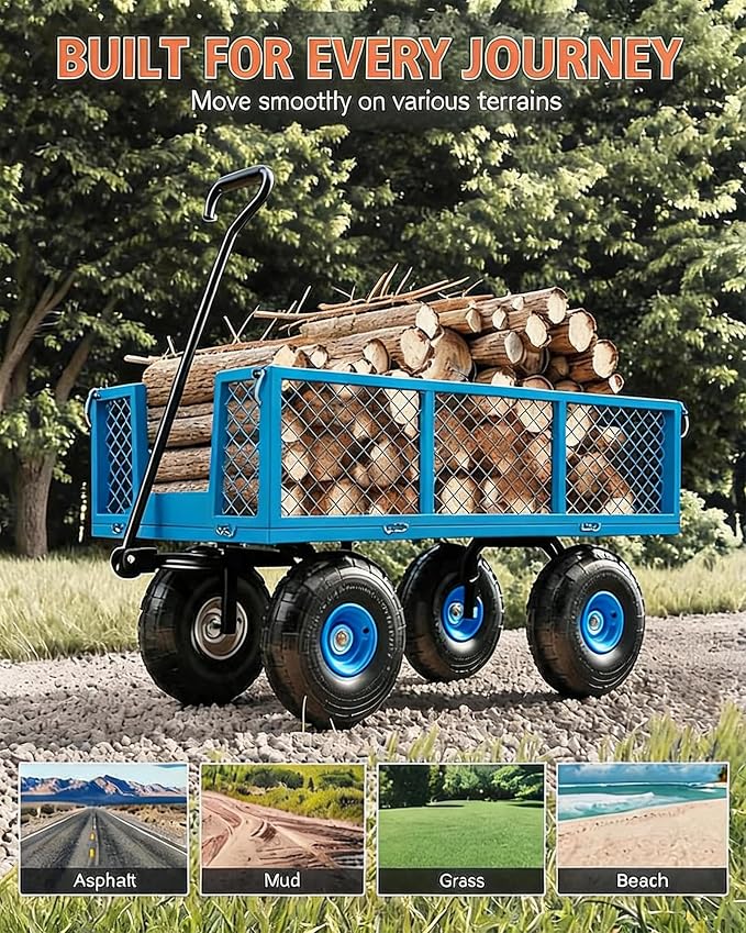 Garvee Steel Garden Cart, 500 LBS Capacity Utility Outdoor Wagon, Heavy Duty Mesh Garden Metal Wagon with Removable Sides, Flexible Handle and 10" Tires for Yard, Lawn, Garden