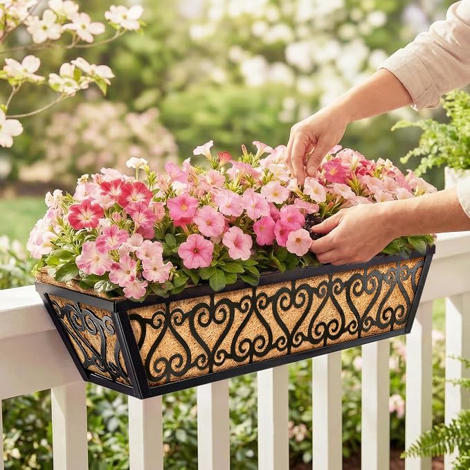 6 Pack 24 Inch Deck Railing Planter Box - Window Boxes Planters with Adjustable Brackets Coco Liners Balcony Planters Railing Hanging for Window Flower Boxes Outdoor Garden Decor