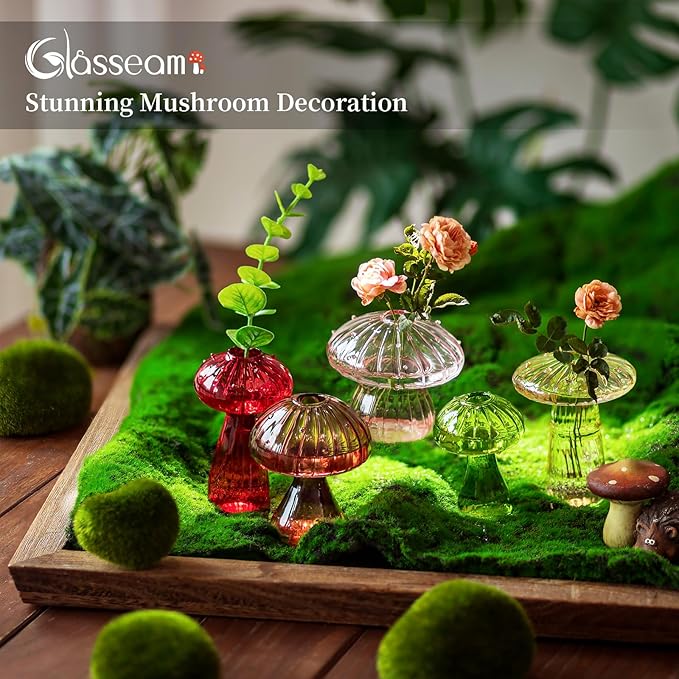 Glasseam Mushroom Plant Propagation Station: 5pcs Colored Glass Mini Terrarium for Plants, Cute Small Propagation Vases for Flowers - Unique Hydroponic Indoor Planters Gifts for Women's Room Decor
