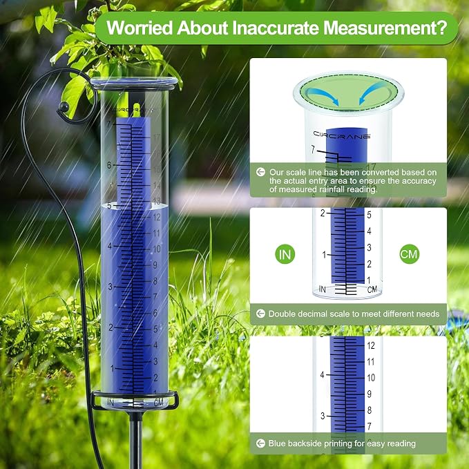 Circrane Rain Gauge Outdoor,Accurate Measure Tube with Metal Stake, Easy to Read Large Number for Backyard