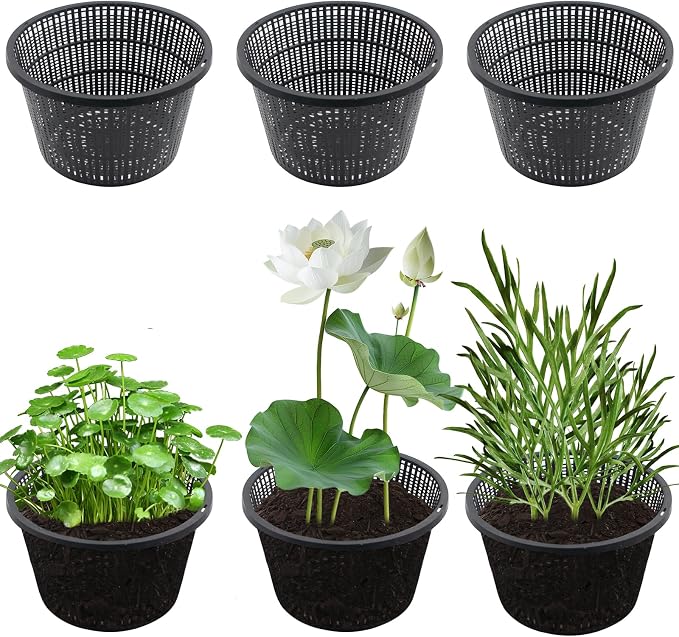 SnowTing 6 PCS 8.3'' Round Hydroponic Baskets, Large Black Plastic Aquatic Plant Mesh Net Pot, Pond Slotted Baskets Hydroponic Pots for Indoor & Outdoor Growing Nursery, Garden and Pond Plants