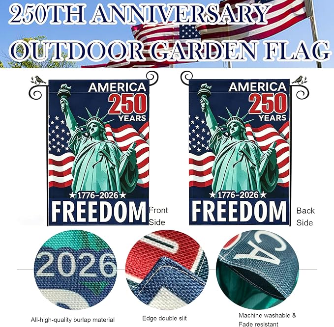 USA 250th Anniversary Garden Flag 12x18 Inch, Double Sided Burlap American 250 Years of Freedom Yard Flags, Patriotic 1776-2026 Commemorative Banner for 4th of July Outdoor Decoration