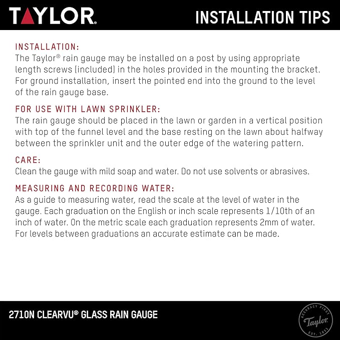 Taylor Rain Gauge Outdoor Glass 5 Inch Capacity - 2 Piece Set with Metal Ground Spike, Easy-Read Measurement Increments, Weather Resistant