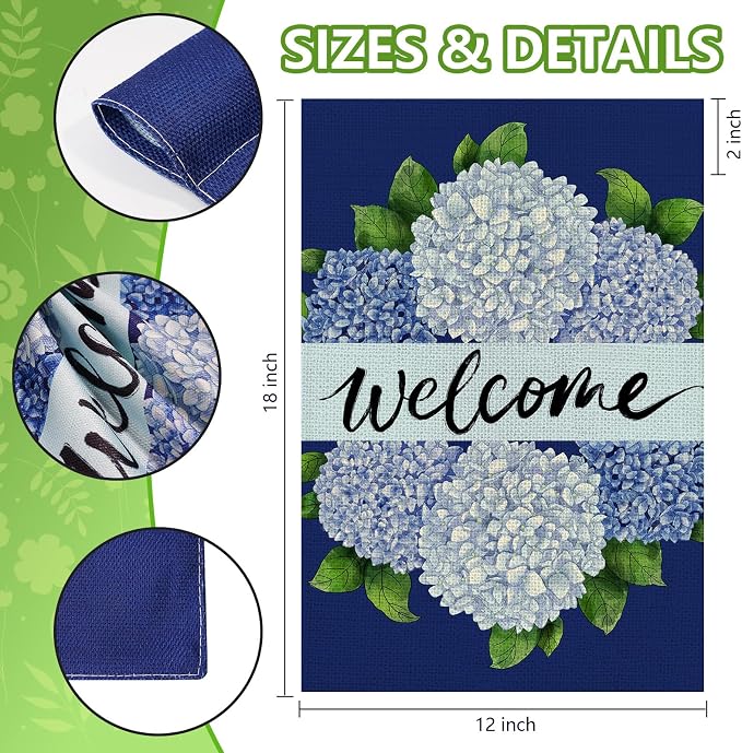 Spring Summer Garden Flag 12x18 Inch Double Sided, Hydrangea Floral Welcome Flag for Yard Outdoor Decoration