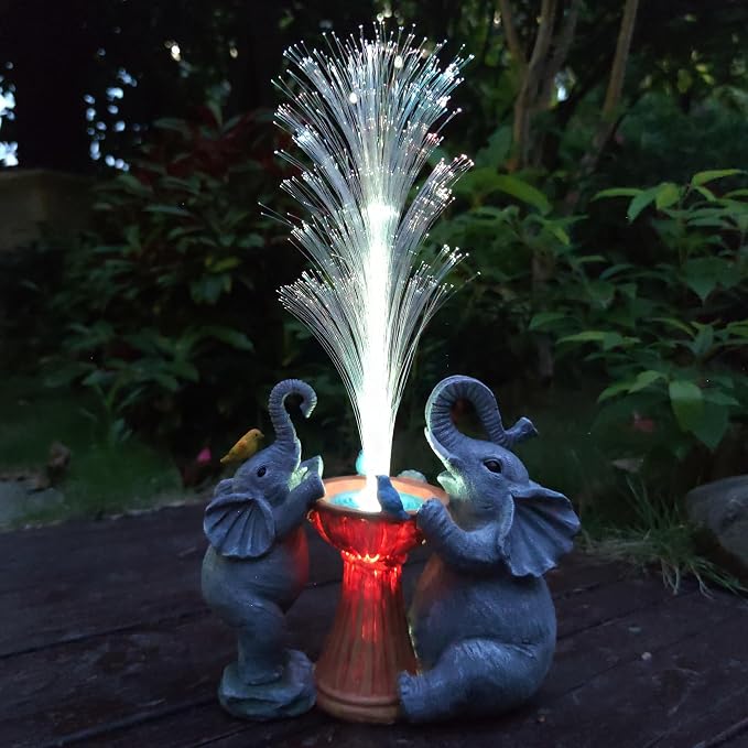 Elephant Statue Solar Garden Decor,Resin Elephant Statue and Colour Changing Optical Fiber Solar Lights,Outdoor Decor for Balcony, Garden, Patio, Yard, Lawn, Gifts for Mom Grandma