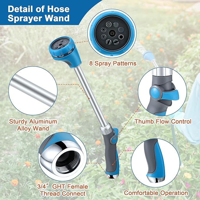 Saillong 18" Watering Wand for Garden Hose Heavy Duty, Metal Garden Hose Wand Sprayer with Thumb Control & 8 Spray Patterns, Hose Nozzle Wand for Lawn Plants Hanging Baskets, Pipe Tape Included