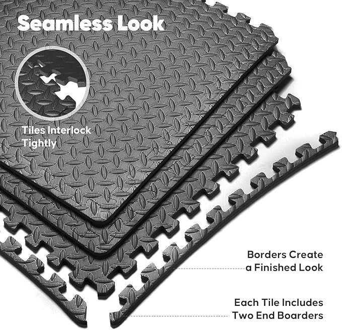 Home Gym Mat, Puzzle Exercise Mat, EVA Interlocking Foam Floor Tiles for Home Workout Equipment and Kids' Play Areas - Black, 24 in x 24 in x ½ in - 16 Tiles (Black, 16 Pack, 64 SQ FT)