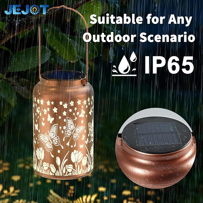 JEJOT Butterfly Solar Lanterns Outdoor Waterproof, Mothers Day Gifts, Birthday Gifts for Women Mom Grandma,Metal Hanging Solar Lantern for Yard,Garden,Porch Landscape Deconrations-2 Pack