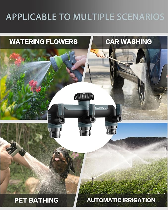 Garden Hose Splitter, 3 Way Hose Splitter, Heavy Duty Water Hose Bib Spigot Splitter, Outdoor Faucet Splitter with Shutoff Valve, T Adapter Connector with 3/4 - Inch GHT Thread (Grey)