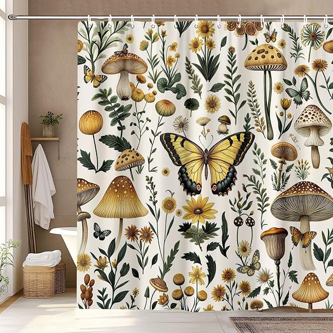 Rustic Boho Mushroom Shower Curtain, Vintage Chic Butterfly Botanical Floral Farmhouse Cottagecore Aesthetic Shower Curtain Set with Hook, Fairy Witchy Plant Shower Curtain for Bathroom 72X78 Beige
