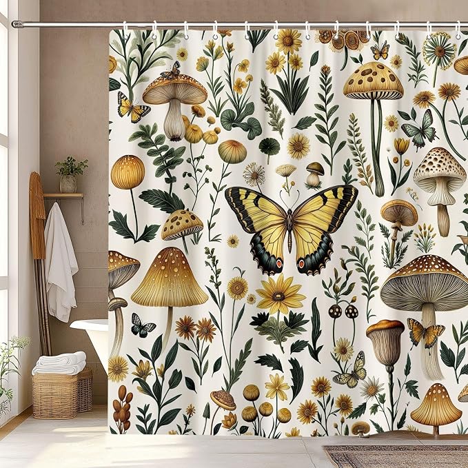 Rustic Boho Mushroom Shower Curtain, Vintage Chic Butterfly Botanical Floral Farmhouse Cottagecore Aesthetic Shower Curtain Set with Hook, Fairy Witchy Plant Shower Curtain for Bathroom 60X72 Beige