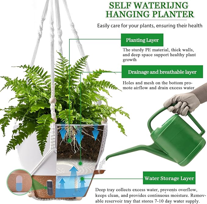 10 Inch Self Watering Hanging Planters, 2 Pack Plastic Flower Pots with Visible Water Window, Drainage Holes, Metal Chain & Macrame Hangers for Indoor & Outdoor Plants, White