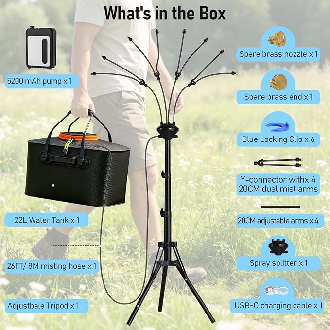 Bonviee 5.3FT Standing Mister for Outside Patio, Portable Misting System with Adjustable Tripod, 5.8Gal/22L Water Tank, 5200mAh Rechargeable Pump & 8 Flex Arm Nozzles for Outdoor Cooling