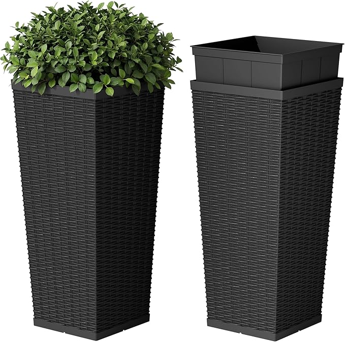 Devoko Resin Tall Planters for Outdoor Plants Set of 2, Large Taper Outdoor Planter Pots with 4 Drainage Holes, Flower Pots Modern Decor for Porch, Patio, Backyard, Home Garden (Black, 24'')