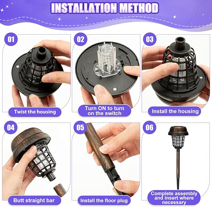 Qualirey 12 Pcs Solar Mosquito Zapper Outdoor Waterproof Solar Powered Bug Zapper Outdoor Mosquito Killer Lamp Trap Repellent Light for Garden Yard Insect (Purple and Colorful Light,Bronze)