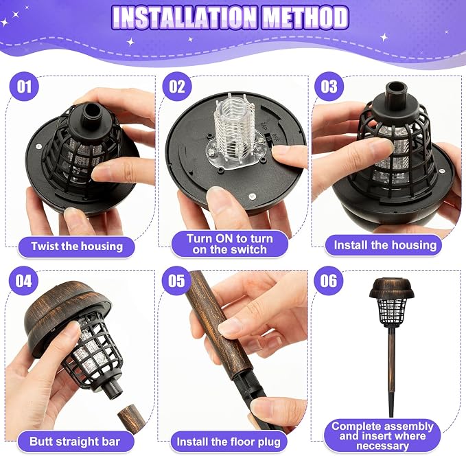 Qualirey 12 Pcs Solar Mosquito Zapper Outdoor Waterproof Solar Powered Bug Zapper Outdoor Mosquito Killer Lamp Trap Repellent Light for Garden Yard Insect (Purple and Warm Light,Bronze)