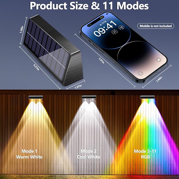 BrizLabs Fence Solar Lights Outdoor, 8 Pack 9 Colors & 11 Modes Color Changing Deck Lights, 250lm Red White & Blue Fence Deck Light IP65 Waterproof Solar Wall Light for Outside Backyard Stair Railing
