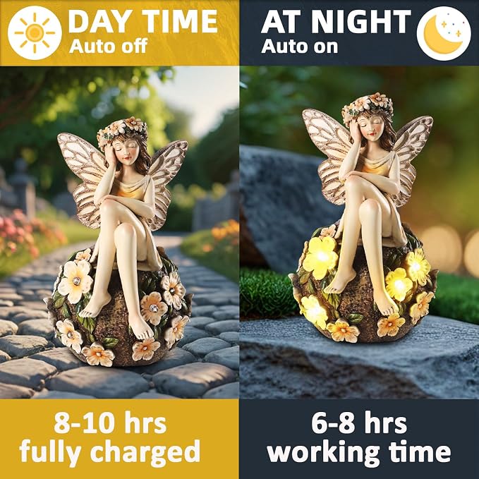 Solar Fairy Statue Sitting on the Flower Ball Light 6.8" Angel Statues for Garden Yard Patio Porch Lawn Decor Resin Fairy Figurine Outdoor Waterproof Angel Gifts for Women Mom Sister
