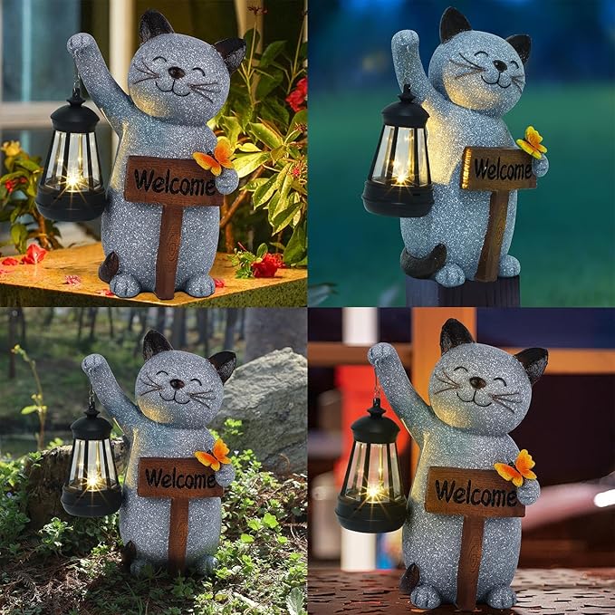 Juegoal Garden Statue Solar Cat Figurine with LED Lantern, Mothers Day 10" Resin Kitten Hold Welcome Sign, Outdoor Whimsical Lawn Porch, Lighted Housewarming Birthday for Mom Grandma