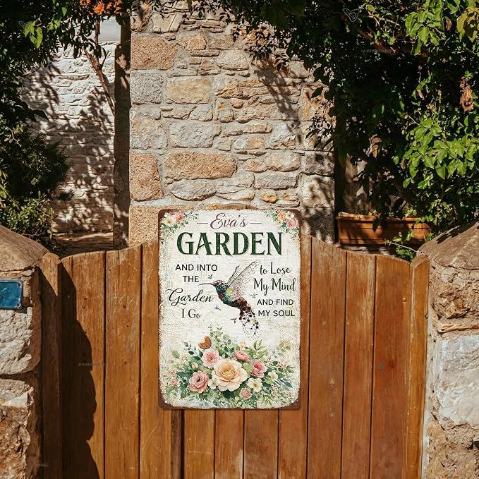 Garden Signs Hummingbird Floral Gardening Tin Signs Outdoor Funny Signs "And Into The Garden I Go To Lose My Mind And Find My Soul" for Home Garden Patio Fence Yard Decor 8 X 12 Inch