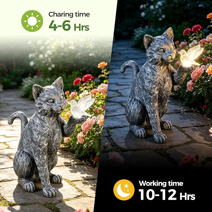 Solar Cat Garden Outdoor Statues, Cat Sculpture with Glowing Bird Light, Lawn Decoration, 10 Inches Tall, for Patio, Balcony, Garden, Yard, Birthday Gift for Mom, Grandma and Women