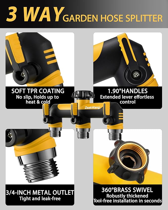 Garden Hose Splitter, 3 Way Hose Splitter, Heavy Duty Water Hose Bib Spigot Splitter, Outdoor Faucet Splitter with Shutoff Valve, T Adapter Connector with 3/4 - Inch GHT Thread (Yellow)