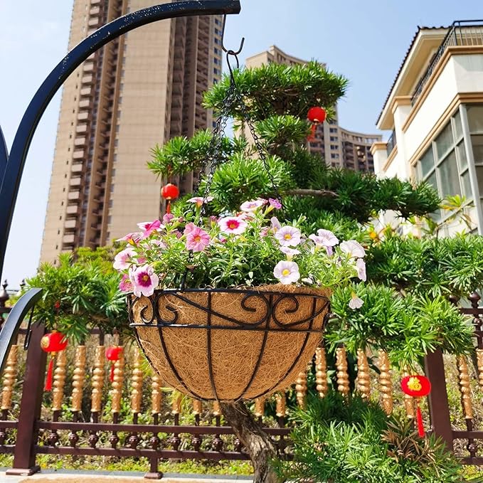EIMQUVW Outdoor Metal Hanging Planters Basket (4pack, 12 inch) Hanging Baskets for Plants Chain Round Wire Plant Holder with Coco Fiber Liners for Garden, Patio, Deck, Porch(Flower Border)