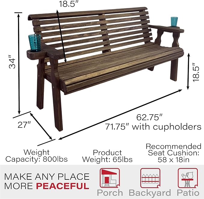 Amish Casual Heavy Duty Pressure Treated 4 Foot Outdoor Garden Bench with Cup Holders - Amish Crafted Roll Back Design in Dark Walnut Stain, 700 Lb Weight Capacity