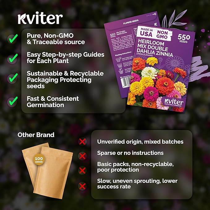KVITER 550 Dahlia Zinnia Seeds for 2026 Mix (Zinnia Elegans) – Double Blooms, Non GMO & Heirloom – Flower Seeds for Planting Outdoors in Garden, Containers, Flower Beds. Ideal for Cut Flowers