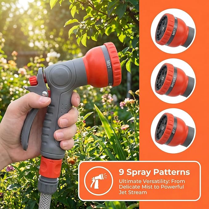 Garden Hose Nozzle Sprayer-This High Heavy-Duty Spray Nozzle Offer 9 Watering Patterns for Watering Plants,Lawns &Gardens,Washing Cars,Household Cleaning and Showering Pets (Orange-grey)