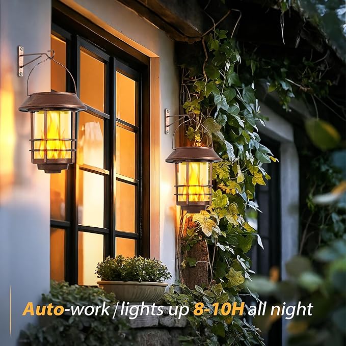 Otdair Solar Lanterns Outdoor Waterproof, 2 Pack Flickering Flames Wall Garden Decor , Hanging Solar Lights Wall Mount Decorations for Halloween, Front Porch, Patio, Yard, Bronze