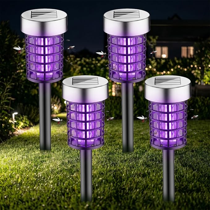 4 Pack Solar Bug Zapper Outdoor Waterproof Mosquito Repellent Outdoor Patio Mosquito Trap & Killer for Gnats, Moths, Flies, Small Flying Insect, Solar Powered Fly Zapper for Garden, Backyard, Camping