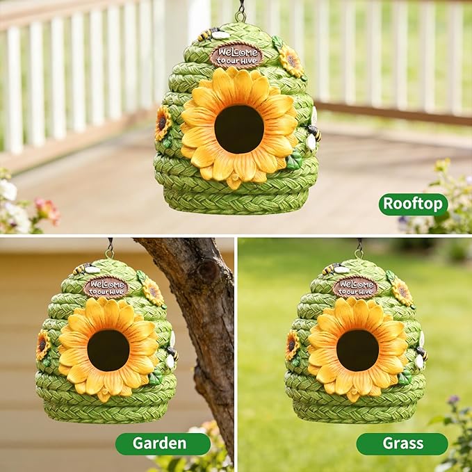Bird Houses for Outside Green Cottage Resin Birdhouse, Garden Outdoor Decor Bird House with Sunflower and Bees, Birdhouses for Outdoors for Bluebird Finches Cardinals