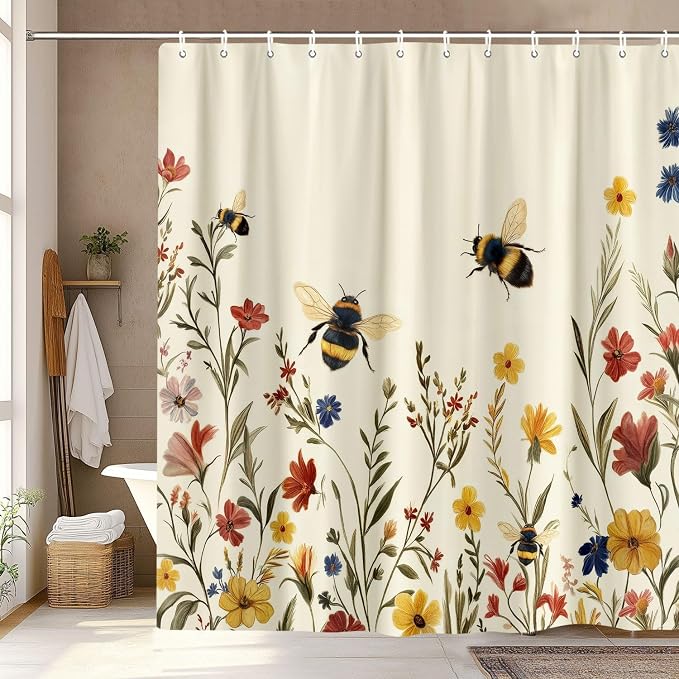 Rustic Boho Floral Bee Shower Curtain, Vintage Chic Bee Botanical Floral Farmhouse Cottagecore Aesthetic Shower Curtain Set with Hook, Nature Garden Plant Shower Curtain for Bathroom 60X72 Beige