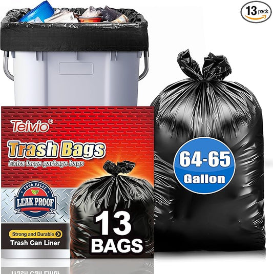 Teivio Black Large Trash Bags 64-65 Gallon 13 Count | Large Multipurpose | Fit 60,62,63,64,65 gallon Garbage Bin Liner | Kitchen | Lawn And Leaf Bags Outdoor Yard Waste Bag | Workshops Trash