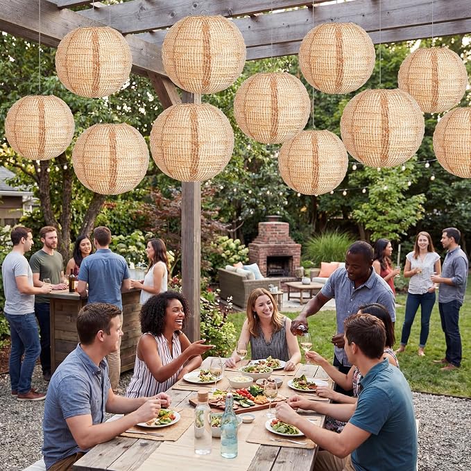 Hortsun 12 Pcs Print Burlap Paper Lanterns Round Chinese Paper Lanterns Farmhouse Boho Classroom Home Decor Classroom Sweet Birthday Party Ceremonial Event (10/12 Inch)