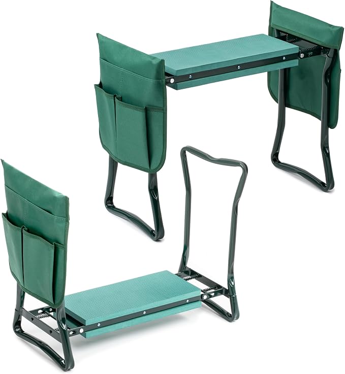 iPower Garden Kneeler and Seat Folding Stool, Thick Foam Kneeling Pad & 2 Removable Tools Pouch, Sturdy Steel Frame, Portable for Seniors, No Assembly Gardening Gift for Women Men