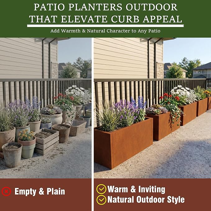 32 Inch Corten Steel Planter Box for Outdoor Plants, Large Rectangular Weathering Steel Planter with Drainage Holes, Metal Planter Box for Patio, Porch, Balcony, Backyard & Garden