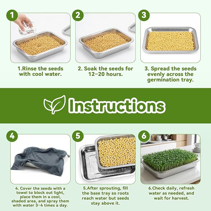 2-Pack Stainless Steel Seed Sprouting Tray Kit, Soil-Free Microgreens Growing Kit with Towel & Gauze, Sprouting Trays for Microgreens Beans Alfalfa Broccoli Wheat Grass (10.6" x 7.8")