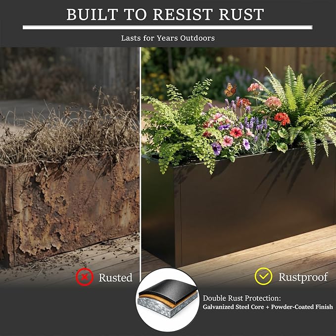 Rustproof Metal Planter Box 32 Inch Outdoor, Galvanized Steel Raised Garden Bed with Drainage Holes, Large Deep Rectangular Planter for Patio Balcony Porch Backyard