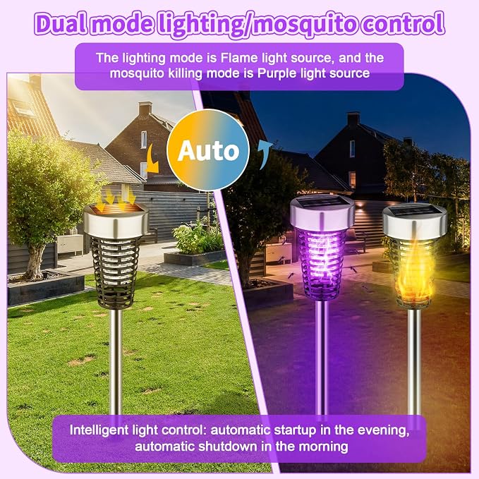Qualirey 4 Pack Solar Bug Zapper Outdoor Waterproof Mosquito Repellent Killer Bug Zapper Lamp with LED Light for Outdoor Garden Patio Yard (Purple and Flame Light,Silver)