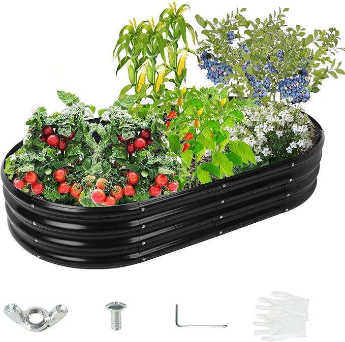 YSEJOMP 5X2.7X1 FT Oval Galvanized Metal Garden Raised Bed/Plant Box for Planting,32 Inches Diameter Iron Fire Pit Ring,Small Animal Fence-3 in 1 Modular Design in Black (Black, 60X32X11.5 Inches)