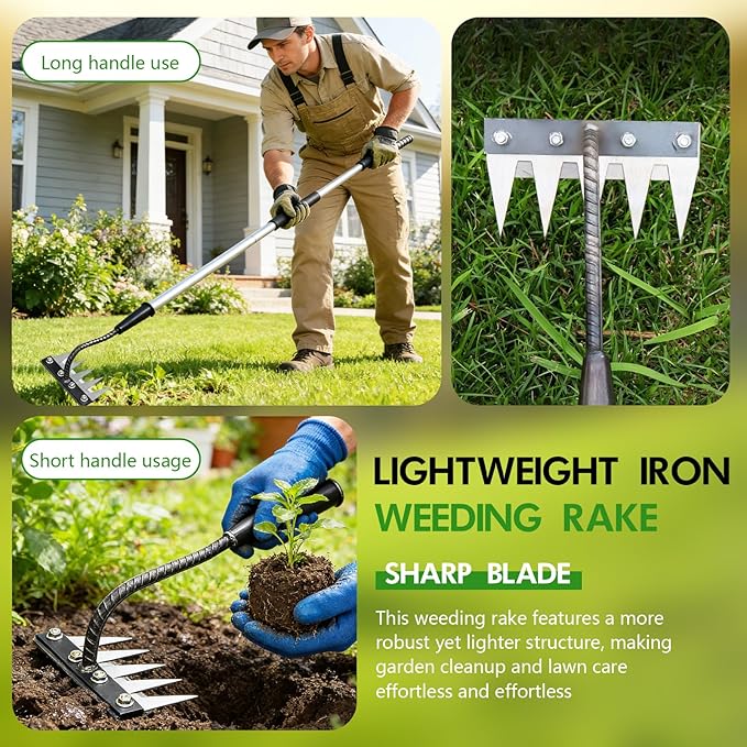Garden Hand Rake Tool Carbon Steel, Long Handle Weeding Garden Rake, Forged Iron Weeding Rake, Thickened 5 Teeth Carbon Steel Garden Weeding and Leaf Removal Tools