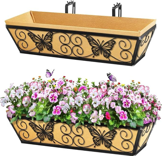 2 Pack 24 Inch Window Boxes Planters Railing Planter Box with Adjustable Brackets for Porch Fence Patio Balcony Hanging Flower Baskets with Woven Fabric for Outdoor Garden Decor - Black