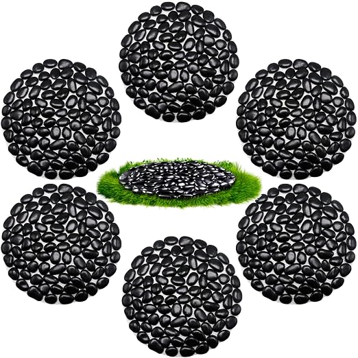 10in River Rock Stepping Stones Set - 6 Pack | Polished Pebble | Long-Lasting PVC Mesh Backing | Perfect for Garden Paths and Lawns Outdoor Landscaping Decoration | Black Circle