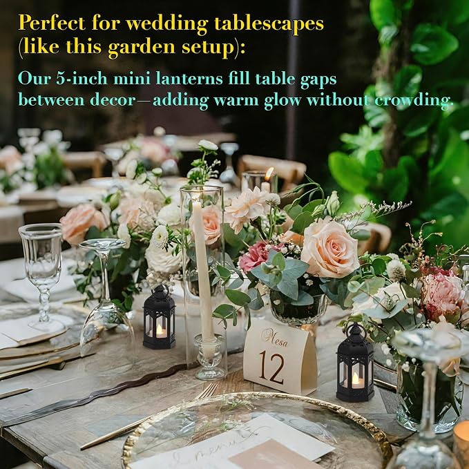 Mini Moroccan Lanterns with Flicker LED Candles Set of 12, Black Vintage Decorative Hanging Lanterns for Ramadan Decorations, Christmas, Halloween, Wedding Decor, Party, Table Centerpiece