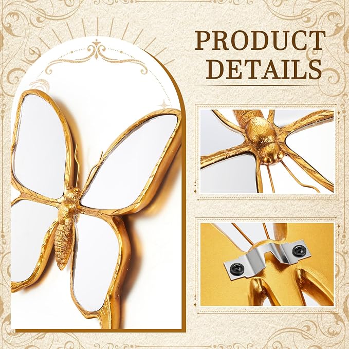 Sliner 2 Pcs Dragonfly & Butterfly Mirror Wall Decor Gold Resin Aesthetic Insect Wall Art, Vintage Decorative Glass Mirrors for Home Nursery Garden, Elegant Nature Gift for Summer Wedding