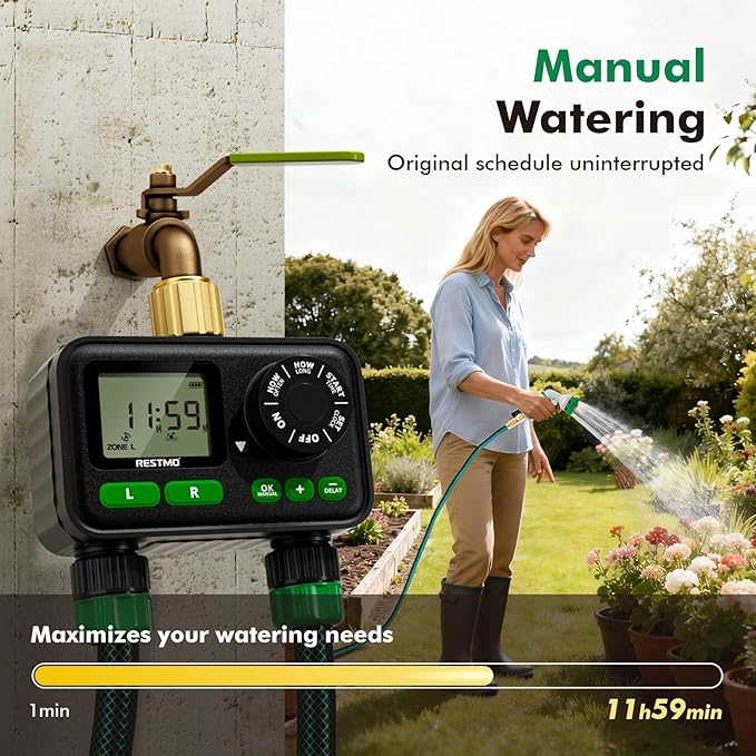 RESTMO 2 Zone Programmable Sprinkler Timer for Outdoor Hose Faucet, Automatic Irrigation Timer with Brass Inlet & Large Dial, Rain Delay, 11h59m Max Run Time, for Garden Soaker Hose, Lawn Watering
